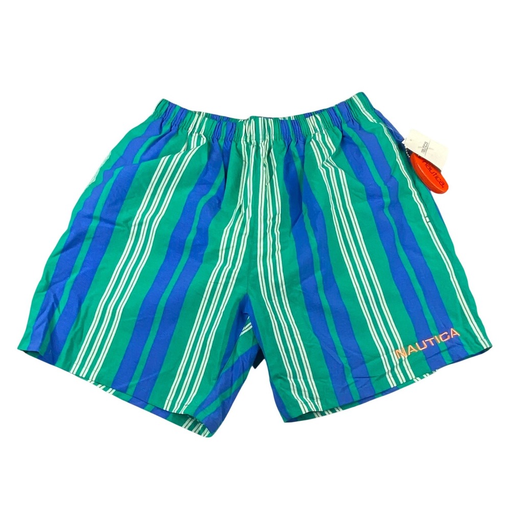 Nautica Mens Striped Swim Trunks Green‎ Blue White Nylon Board Shorts Large